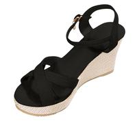 Sandales compensées pour femme - Sandales compensées à bout ouvert - Sandales à talons hauts avec sangle croisée et boucle - Sandales creuses - Espadrilles en tricot - Sandales d'été bohémiennes pour