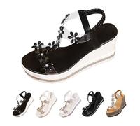Sandales compensées pour femme - Sandales compensées à strass et fleurs confortables à bout ouvert élastique avec sangle de cheville et coussin à semelle épaisse - Chaussures antidérapantes pour la