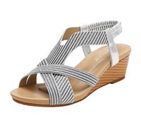 Sandales compensées pour femme - Sandales orthopédiques avec boucle décontractée et flexibles - Sandales à talon tendance - Bout ouvert - Antidérapantes - Pour fête, randonnée, mariage, argent