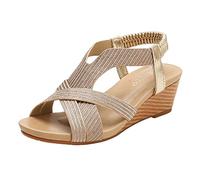 Sandales compensées pour femme - Sandales orthopédiques avec boucle décontractée et flexibles - Sandales à talon tendance - Bout ouvert - Antidérapantes - Pour fête, randonnée, mariage, or, 42 EU