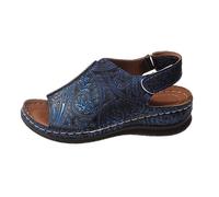 Sandales compensées pour femme - Talon bas - Chaussures de trekking rembourrées avec cuir synthétique respirant - Bout ouvert - Sandales à bouche de poisson, bleu, 37.5 EU