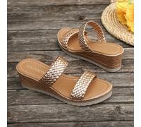 Sandales compensées pour femmes avec décoration tressée de couleur vive, style vacances d'été à rayures, bout ouvert, semelle épaisse, convenant pour les rendez-vous, le shopping, les déplacements, la