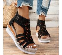 Sandales compensées romaines en corde de paille et suédine pour femmes, à bout ouvert géométrique noir avec fermeture éclair à l'arrière, tenues printemps-été CN36,CN37,CN38,CN39,CN40,CN41,CN42,CN43,C