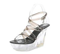 Sandales compensées Transparentes Extra Hautes pour Femmes - pour Cocktails, Mariages et Festivals d'été,Noir,34 EU