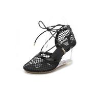 Sandales compensées Transparentes pour Femmes - Chaussures de Marche décontractées pour Mariage, fête, soirées en Amoureux, Cocktails,Noir,34 EU