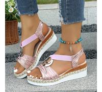 Sandales compensées tressées confortables et décontractées pour femmes, sandales de mode roses, convenant pour un usage décontracté, les courses quotidiennes, la marche et le port confortable à la mai