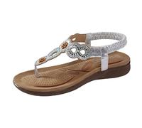 Sandales confortables pour femme avec sangle de cheville élastique - Chaussures de plage décontractées - Style bohème - Mode - Cristal - Strass - Orné de coquillages de Saint-Jacques, argenté, 38 EU