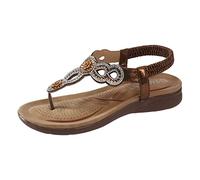 Sandales confortables pour femme avec sangle de cheville élastique - Chaussures de plage décontractées - Style bohème - Mode - Cristal - Strass - Orné de coquillages de Saint-Jacques, marron, 38 EU