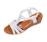 Sandales confortables pour femme avec sangle en T élastique et sangle arrière, talon compensé avec texture bois, bout ouvert, sandales romaines, chaussures d'été légères pour la plage et le quotidien