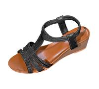 Sandales confortables pour femme avec sangle en T élastique et sangle arrière, talon compensé avec texture bois, bout ouvert, sandales romaines, chaussures d'été légères pour la plage et le quotidien
