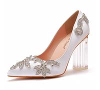 Sandales De Demoiselle d'honneur De Mariée, Perles Transparentes À Talons Hauts Chaussures À Bout Pointu Chaussures De Banquet De Mariage Élégantes 9CM Sandales D'été,Blanc,40 EU