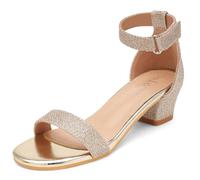 Sandales de fête pour filles, chaussures de fête, talons bas, bout ouvert, sandales princesses avec sangle de cheville, chaussures de mariage à paillettes pour petit grand enfant été, doré, 31 EU