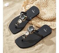 Sandales de luxe à bride en verre et bout carré, sandales plates à enfiler mode et antidérapantes, chaîne décorative amovible, nouveau design printemps-été 2025, idéal pour la plage et les vacances CN