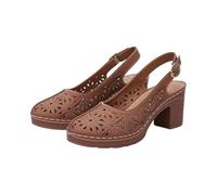 Sandales de marche bohème à talon bloc moyen avec bride arrière découpées au laser et bout fermé pour femme - Style vintage - Talon épais - Sangle de cheville réglable, marron, 40 EU