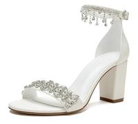 Sandales De Mariage Femme À Talon Bloc Large Escarpins Robe Strass Bride Cheville Bout Rond Ouvert pour Cérémonie Nuptiale Et Réception De Noces,Blanc,38 EU