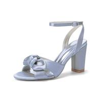 Sandales De Mariée À Talons Carrés Épais avec Nœud Féminin, Bout Rond Bride Arrière Et Boucle À La Cheville Chaussures D'été pour Mariage, Fête Ou Bal,Argent,37 EU