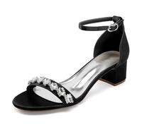 Sandales de Mariée Élégantes, Satin Blanc, Talon Bloc 4.5cm, Ornements Cristaux, Bride Cheville, Escarpins de Mariage Ivoire, Chaussures de Demoiselles d'honneur,Noir,37 EU