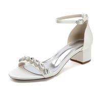 Sandales de Mariée Élégantes, Satin Blanc, Talon Bloc 4.5cm, Ornements Cristaux, Bride Cheville, Escarpins de Mariage Ivoire, Chaussures de Demoiselles d'honneur,Ivoire,36 EU
