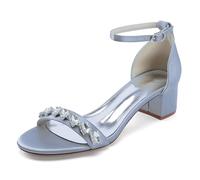 Sandales de Mariée Élégantes, Satin Blanc, Talon Bloc 4.5cm, Ornements Cristaux, Bride Cheville, Escarpins de Mariage Ivoire, Chaussures de Demoiselles d'honneur,Argent,36 EU