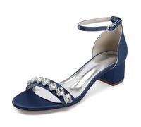 Sandales de Mariée Élégantes, Satin Blanc, Talon Bloc 4.5cm, Ornements Cristaux, Bride Cheville, Escarpins de Mariage Ivoire, Chaussures de Demoiselles d'honneur,Marine,43 EU