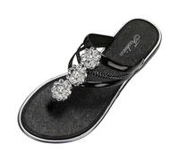 Sandales de plage plates pour femme - Tongs d'été mignonnes printemps 2025 - Décontractées - Tendance - Légères - Strass - Confortables - Pour mariage - Sandales plates habillées d'été sexy, Noir