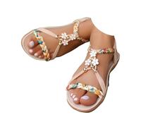 Sandales de plage pour femme - Sandales plates élégantes avec sangle de cheville élastique - Sandales de plage décontractées à bout ouvert - Sandales romaines confortables - Chaussures élastiques