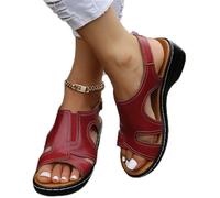 Sandales de Sport Compensées pour Femme Chaussures Plates À Plateforme Confortable D'été Sandales À Bride À La Cheville en Cuir Chaussures de Marche,Rouge,US11/EU42