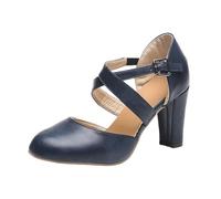 Sandales décontractées à bout pointu pour femme - Chaussures décontractées à talons hauts - Couleur pure - À enfiler - Robe à talon carré pour un usage quotidien, bleu marine, 37 EU