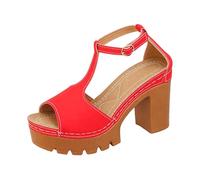Sandales décontractées pour femme avec boucle, bout ouvert, talon épais, idéales pour la plage, l'école ou la fête, combinées avec des lunettes de soleil ou un sac, rouge, 42 EU