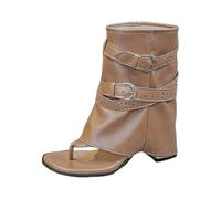 Sandales D'Été À Bout Plat Pour Femmes Bottines à bride cheville confortables avec boucle tendance sandales mi-mollet élégantes pour un style décontracté conception entre-doigts (Khaki, 38)