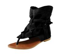 Sandales D'Été À Bout Plat Pour Femmes Chaussettes Hautes Blanches Soft Women's Casual Summer Sandals Retro Flat Tie Espadrilles Open Toe Bohemian Beach Shoes For Walking Outdoor Party(Black, 39)