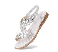 Sandales D'Été À Bout Plat Pour Femmes Chaussures à paillettes pour femmes Sandales élégantes plates strass avec bande élastique et bride arrière Semelles souples et confortables Idéales(Silver, 41)