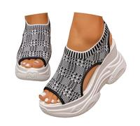 Sandales D'Été À Bout Plat Pour Femmes Sandales Garçon à bout ouvert en tricotée, modèle enfiler avec plateforme élastique pour un confort optimal toute la journée et un style sportif(Grey, 42)