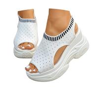 Sandales D'Été À Bout Plat Pour Femmes Sandales Garçon à bout ouvert en tricotée, modèle enfiler avec plateforme élastique pour un confort optimal toute la journée et un style sportif(White, 39)