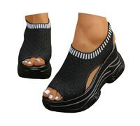 Sandales D'Été À Bout Plat Pour Femmes Sandales Garçon à bout ouvert en tricotée, modèle enfiler avec plateforme élastique pour un confort optimal toute la journée et un style sportif(Black, 42)