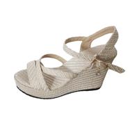 Sandales d'été à talon compensé pour femme - Confortables - Chaussures d'été respirantes - Bout ouvert - Chaussures de plage - Couleur unie - Simples et légères - Sandales d'extérieur en tricot doux