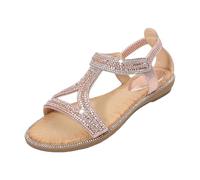 Sandales d'été basses confortables élégantes avec strass Bohème plates antidérapantes Sandale de plage, cérémonie de plage douce et respirante ouverte style romain, Or rose, 40 EU