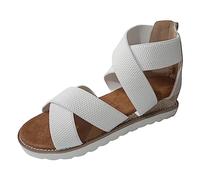 Sandales d'été blanches confortables pour femme - Sandales à lanières - Talon compensé - Sandales à lanières - Fermeture éclair arrière - Chaussures de loisirs - Festival - Fête de la bière