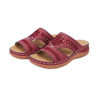 Sandales d'été bohème brodées pour femme - Sangle élastique - Pantoufles décontractées - Design bouche de poisson - Larges pieds - Chaussures de plage élégantes antidérapantes, Bordeaux, 40 EU