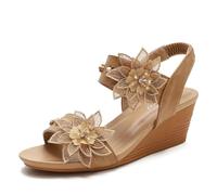 Sandales d'été compensées pour femme - Élégantes fleurs - Confortables - Style bohème - Chaussures romaines, camel, 40 EU