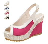 Sandales d'été compensées pour femme - Espadrille à bout ouvert - Sangle croisée - Talons compensés épais - Confortables - Style rétro - Pour la plage et les vacances, Rouge chiné, 38 EU
