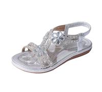 Sandales d'été confortables pour femme avec détails floraux en cristal - Chaussures de plage confortables - Style bohème - Chaussures plates pour les vacances - Bout ouvert - Sandales romaines