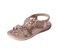 Sandales d'été confortables pour femme avec détails floraux en cristal - Chaussures de plage confortables - Style bohème - Chaussures plates pour les vacances - Bout ouvert - Sandales romaines