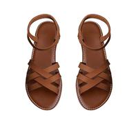 Sandales d'été élégantes en cuir pour femme - Sandales plates modernes et légères - Élastiques orthopédiques - Sandales confortables - Chaussures pieds nus - Sandales d'été - Sandales de plage, marron