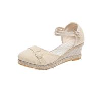 Sandales D'Été Femme - Confortable Espadrille - Plateforme - Sandales Compensées - Antidérapantes Mode - en Lin Tressé - Chaussures Respirantes - Bout Rond Fermé - Sandales de Loisirs avec Boucle