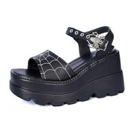 Sandales d'été noires à talon compensé gothique chauve-souris déco chaussons à bout ouvert en métal Crânes clous boucles pour femme Taille 36-42, Black Spider, 40 EU