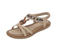 Sandales d'été plates pour femme avec perles et dos élastique - Confortables - Pour les vacances, la plage, les vacances - Style ethnique - Sandales à bride en T, beige, 36.5 EU
