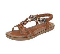 Sandales d'été plates pour femme avec perles et dos élastique - Confortables - Pour les vacances, la plage, les vacances - Style ethnique - Sandales à bride en T, kaki, 38.5 EU