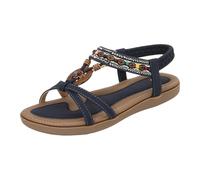 Sandales d'été plates pour femme avec perles et dos élastique - Confortables - Pour les vacances, la plage, les vacances - Style ethnique - Sandales à bride en T, bleu, 37.5 EU