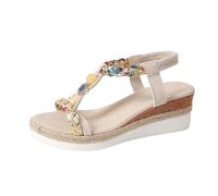 Sandales d'été plates pour femme - Style bohème - Avec strass et perles - Chaussures de plage - Sandales orthopédiques décontractées - Tongs élastiques tressées, beige, 37 EU